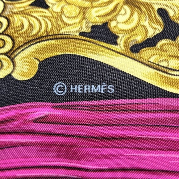 Auth HERMES Carre 90 - Black Gold Pink Silk Scarf - Picture 12 of 12